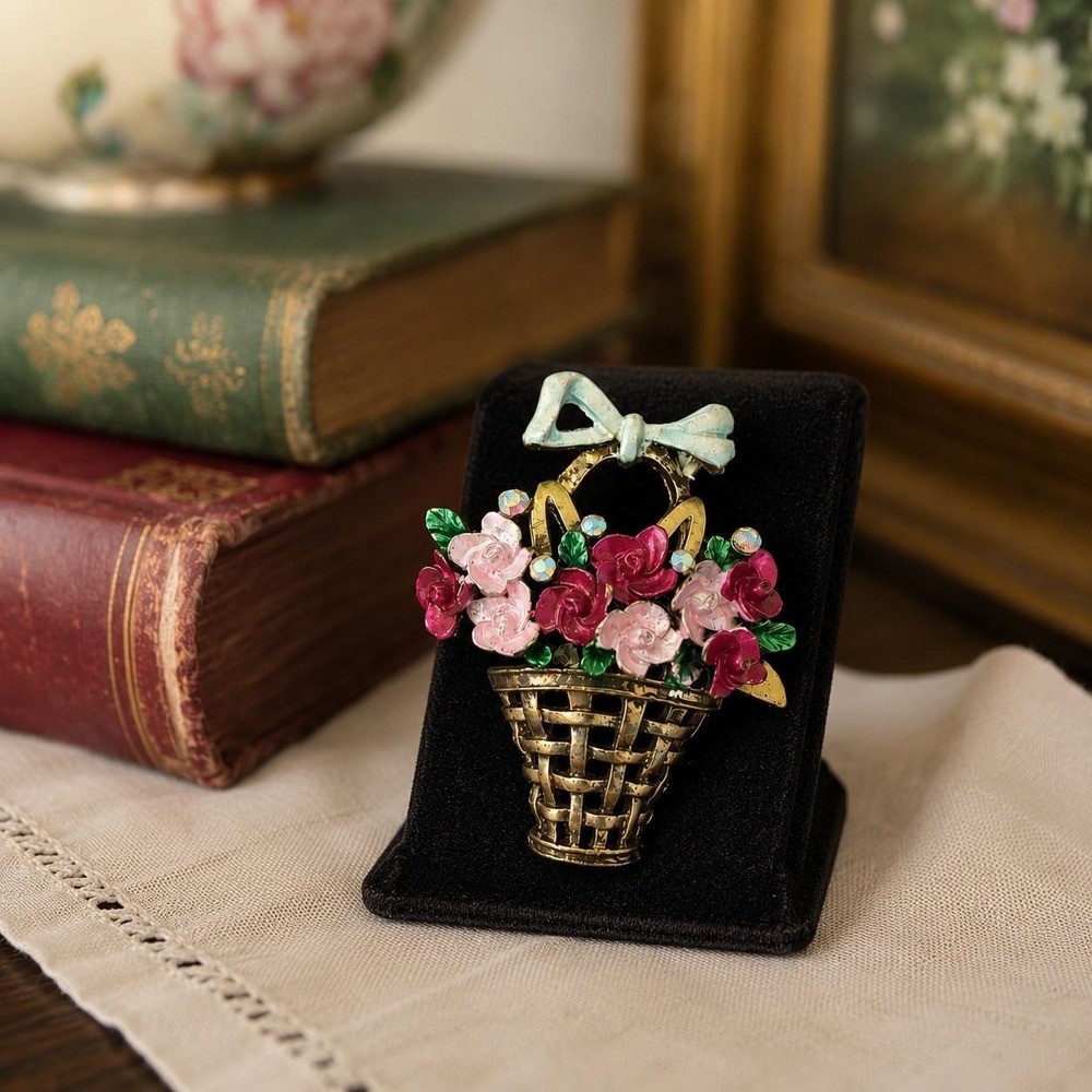 Vintage Flower Basket Brooch Pink Rose Bouquet Pin Blue Bow Gold Tone